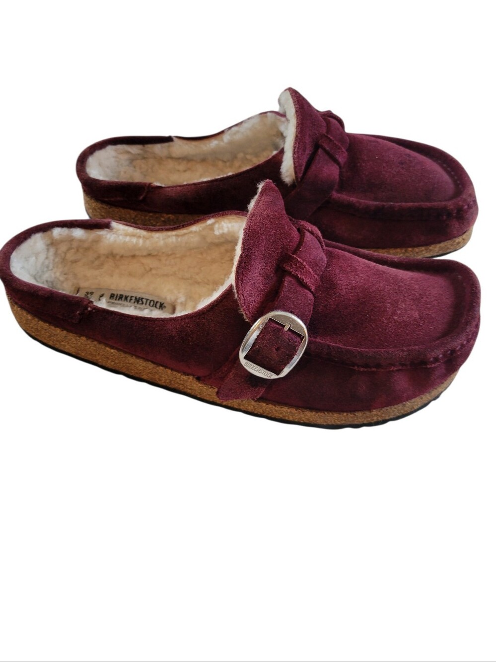 Birkenstock Buckley Suede Shearling Mules Maroon Clogs 39 EU 8 US